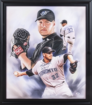 Roy Halladay Signed and Inscribed "03 AL Cy" Framed 24x28" Canvas (PSA/DNA)